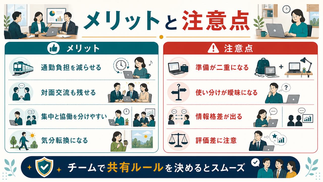 ハイブリッドワークのメリットとして通勤負担軽減や対面交流、注意点として準備の二重化や情報格差や評価差を整理した図解