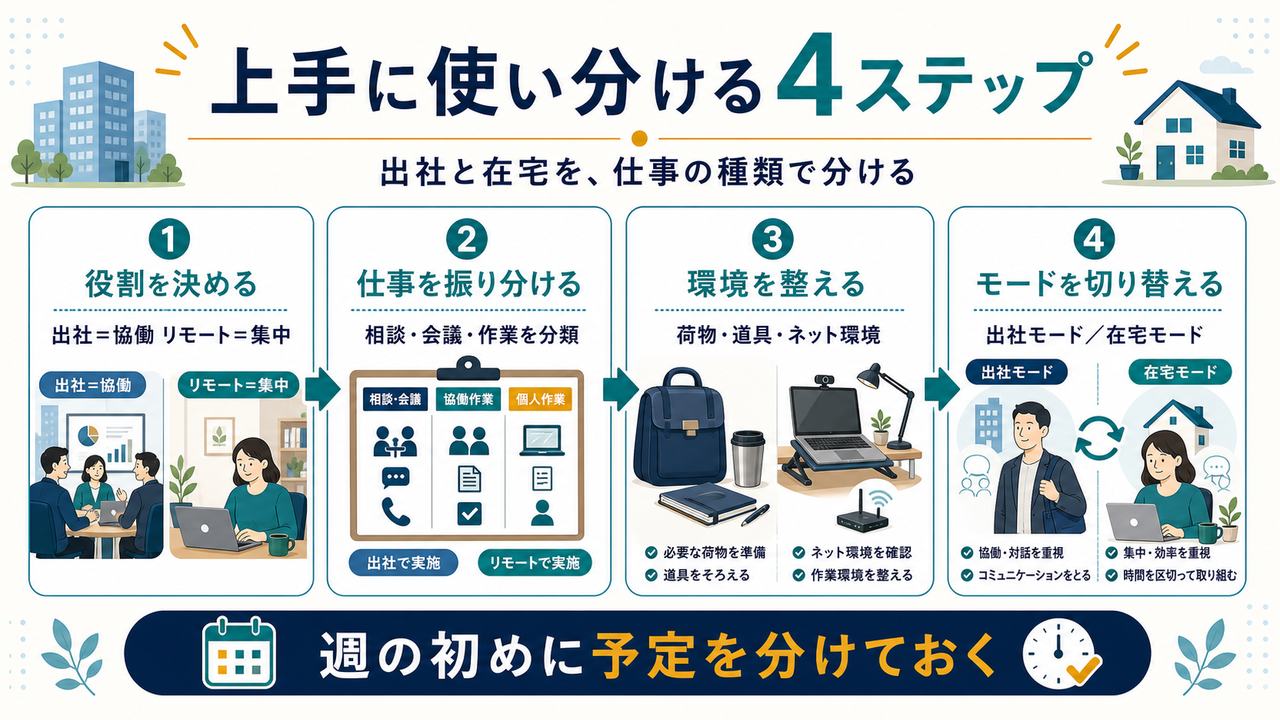 ハイブリッドワークを上手に使い分けるため役割決め、仕事の振り分け、環境準備、モード切り替えを4ステップで整理した図解