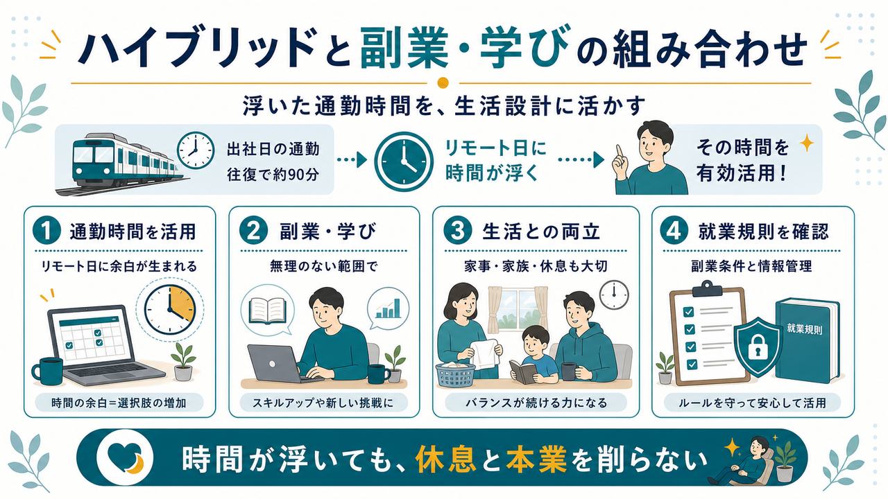 ハイブリッドワークで浮いた通勤時間を副業や学びや生活との両立に活かし就業規則も確認する図解