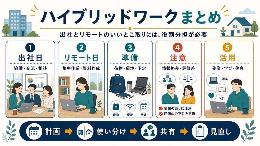 ハイブリッドワークを出社日、リモート日、準備、情報格差や評価差への注意、副業や学びや休息への活用でまとめた図解