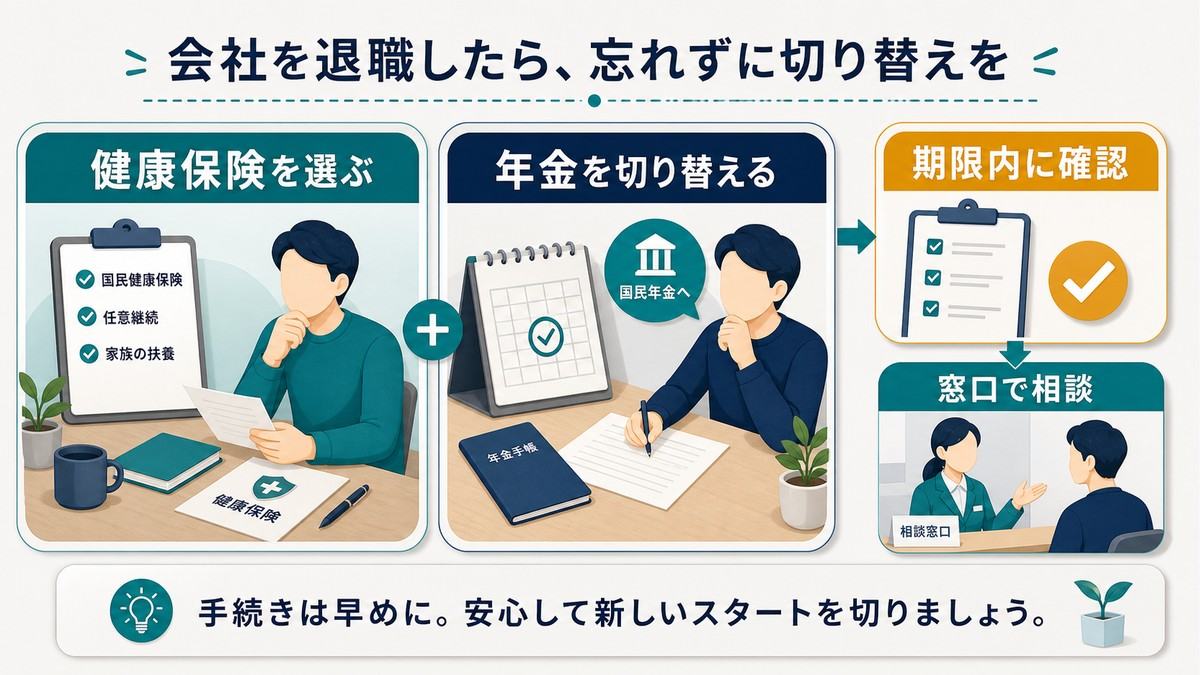 退職後に健康保険と年金を期限内に切り替える要点図