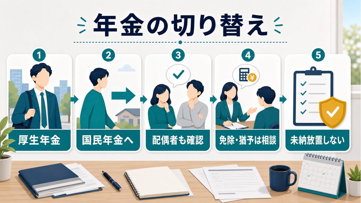 厚生年金から国民年金へ切り替え、配偶者確認や免除猶予相談を行う図