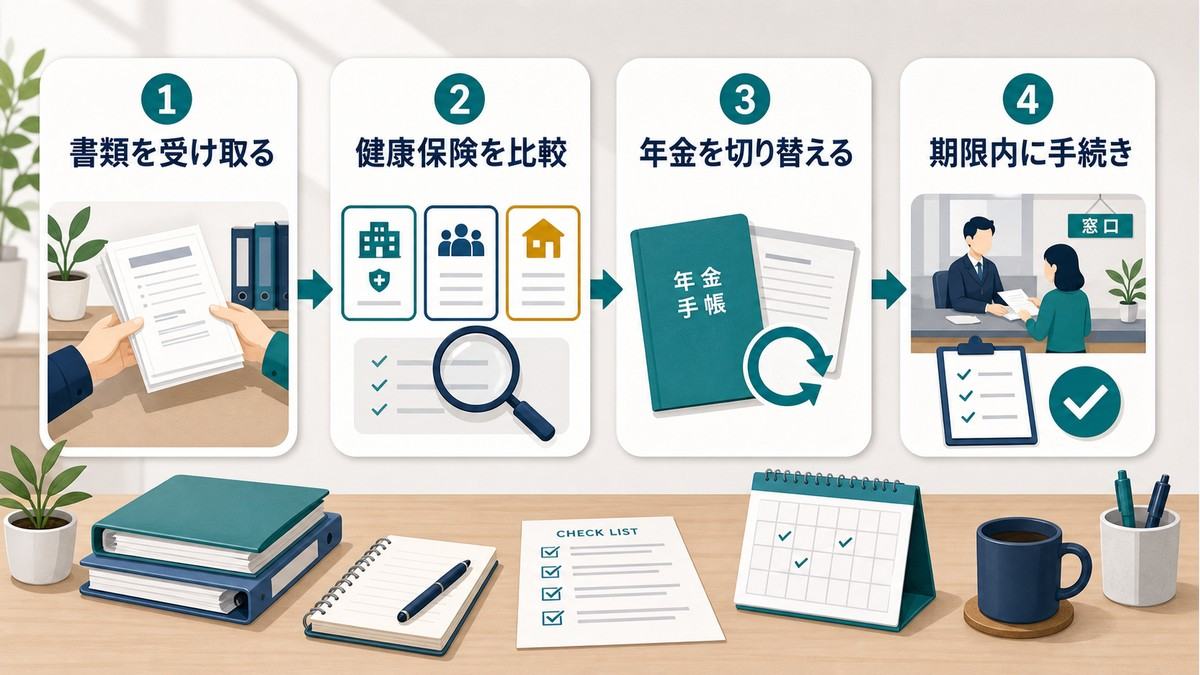 退職時の書類受け取りから健康保険比較・年金切替・期限内手続きまでの流れ図