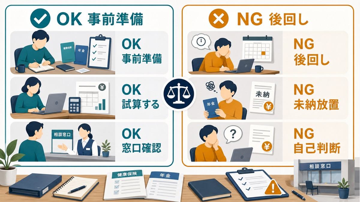 退職後の保険年金手続きで事前準備・試算・窓口確認と後回し・未納放置・自己判断を比較する図