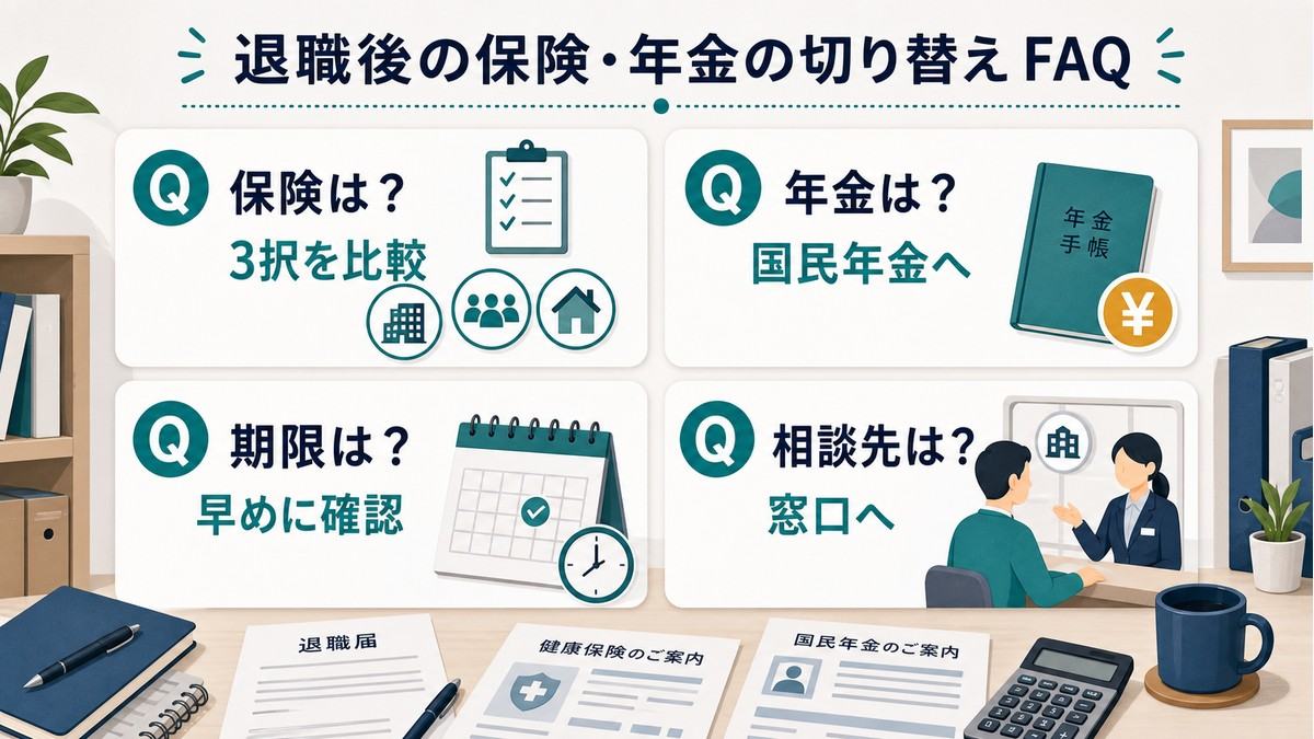 退職後の健康保険・年金・期限・相談先を整理したFAQ図
