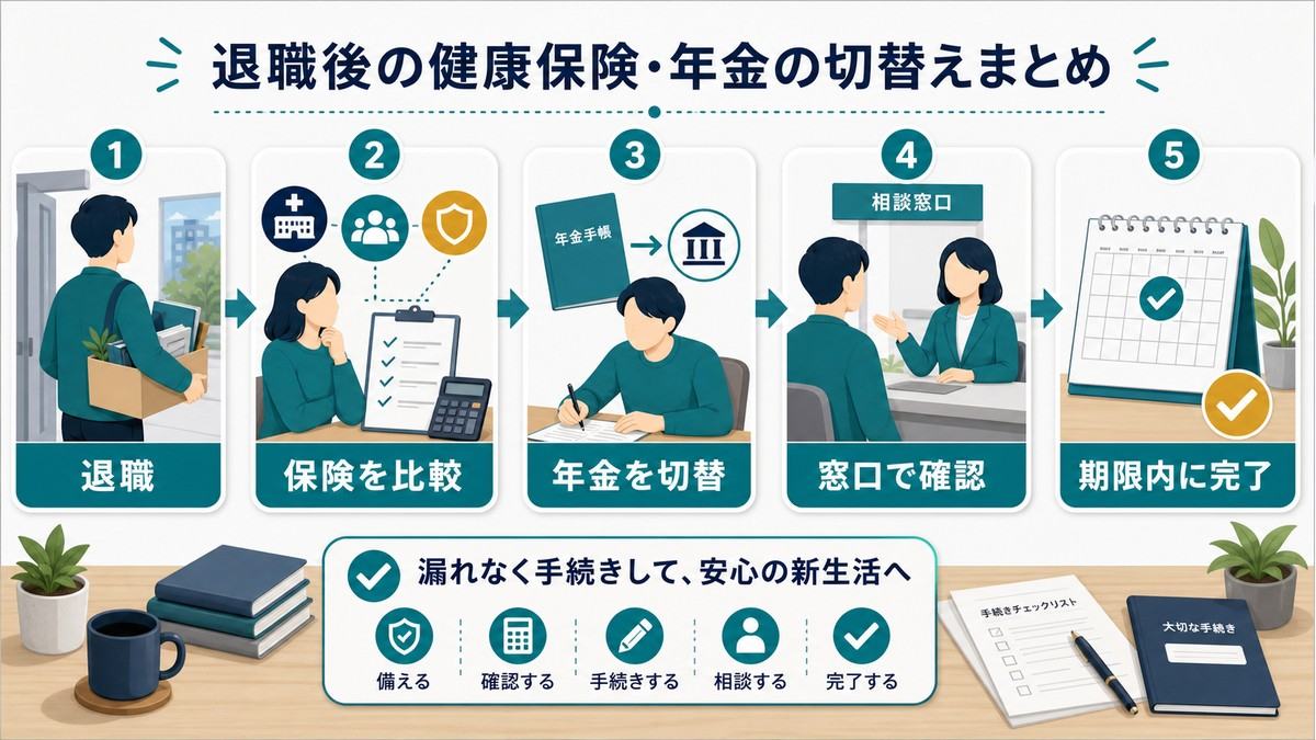 退職後に保険を比較し年金を切り替え窓口確認して期限内に完了するまとめ図