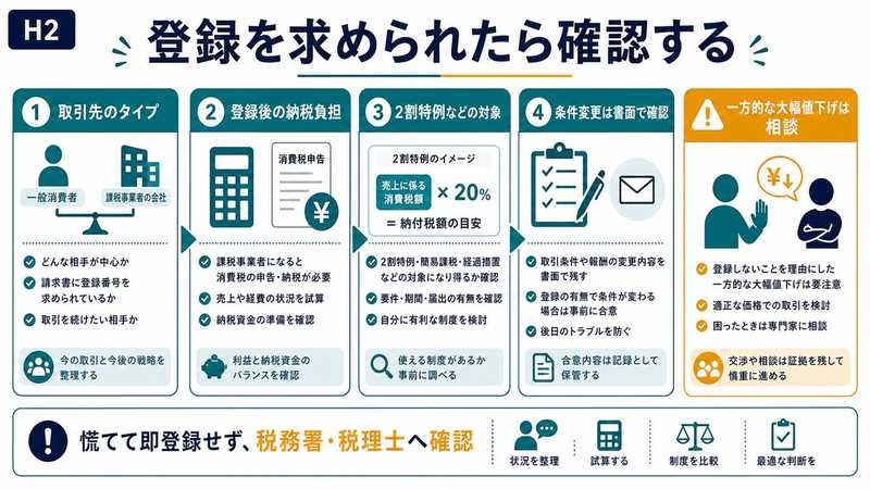 取引先からインボイス登録を求められたときに取引先の種類条件変更負担増相談先を確認する図解