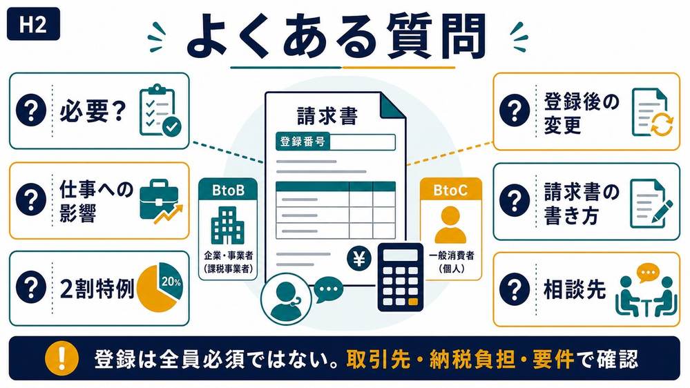 副業インボイス登録の必要性仕事への影響2割特例登録後の変更相談先を整理したFAQ図解