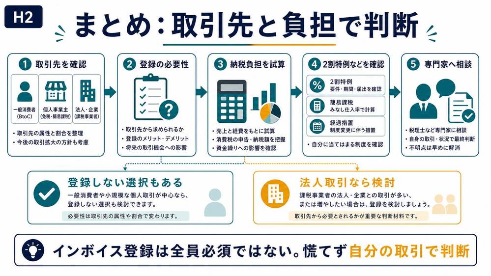 副業のインボイス登録は全員必須ではなく取引先と負担で判断することをまとめた図解