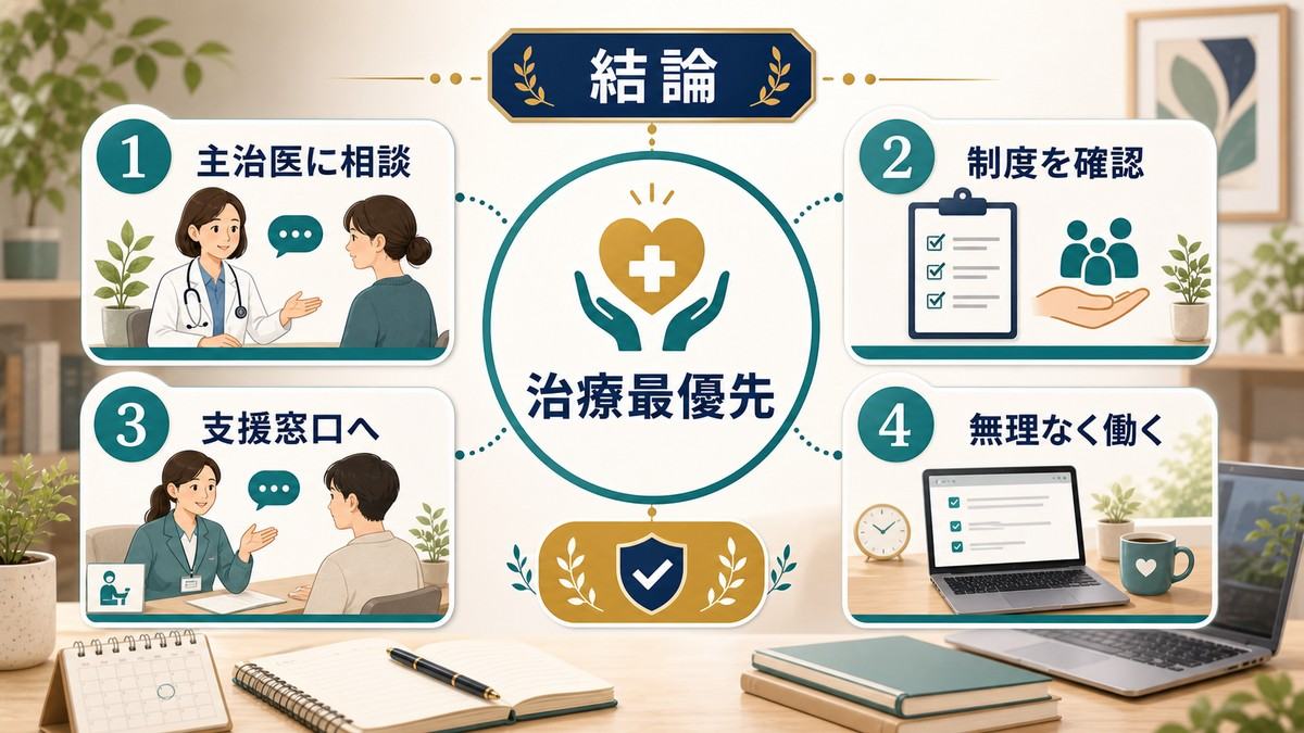 治療を最優先に主治医へ相談し制度を確認し支援窓口へつながり無理なく働く流れの図解