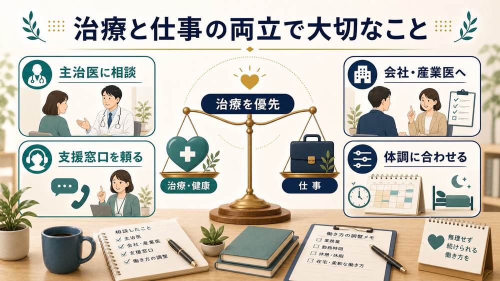 治療と仕事の両立で主治医に相談し会社や産業医へ相談し支援窓口を頼り体調に合わせる大切なことの図解