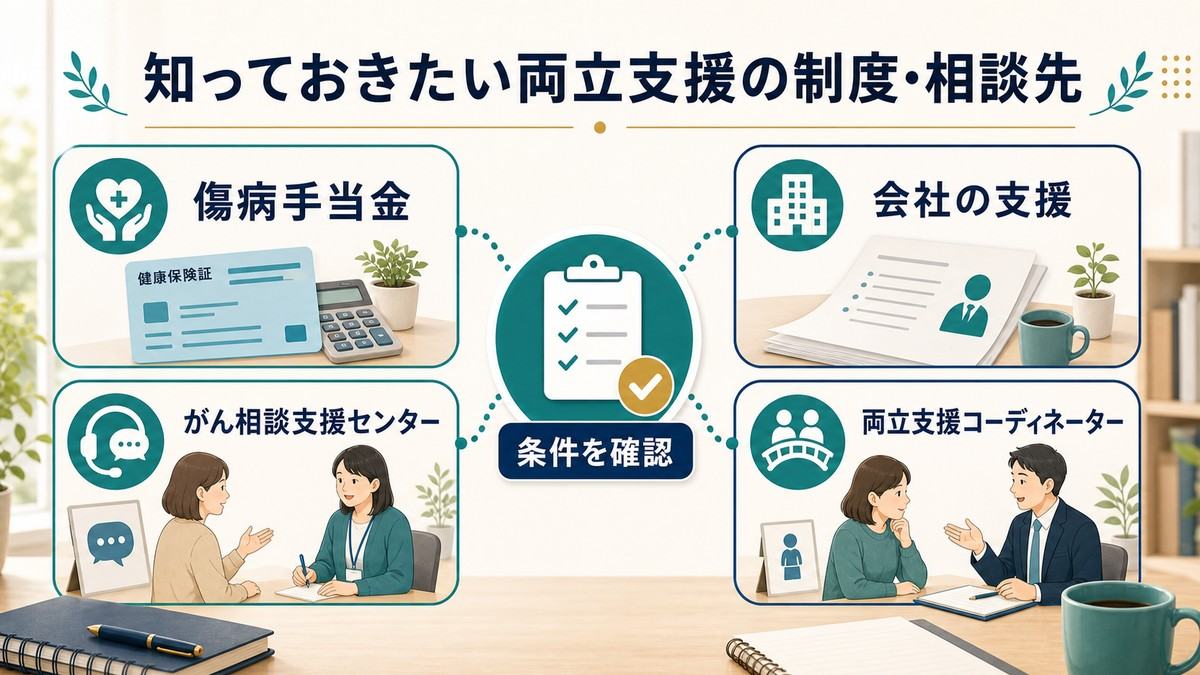 傷病手当金、会社の支援、がん相談支援センター、両立支援コーディネーターの条件を確認する図解
