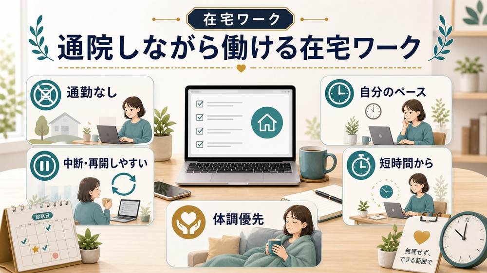 通院しながら働ける在宅ワークの特徴として通勤なし、自分のペース、中断再開しやすい、短時間から、体調優先を整理した図解