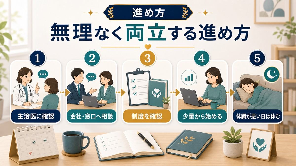 主治医に確認し会社や窓口へ相談し制度を確認し少量から始め体調が悪い日は休む両立の進め方の図解