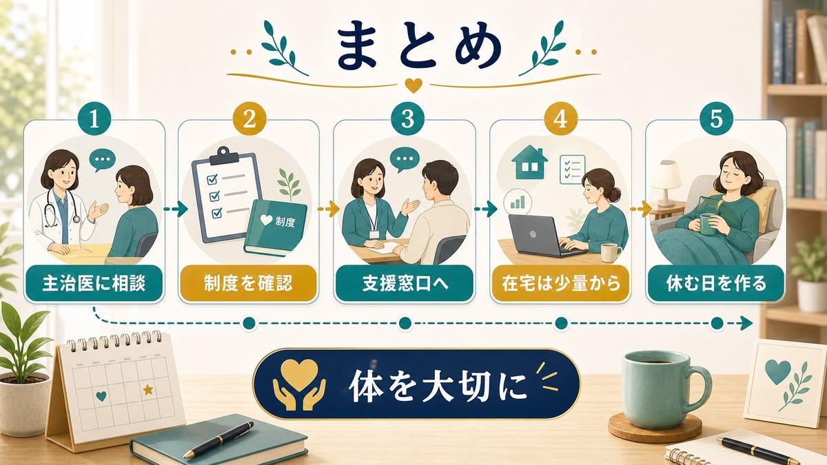 主治医に相談し制度を確認し支援窓口へつながり在宅は少量から休む日を作り体を大切にするまとめ図解