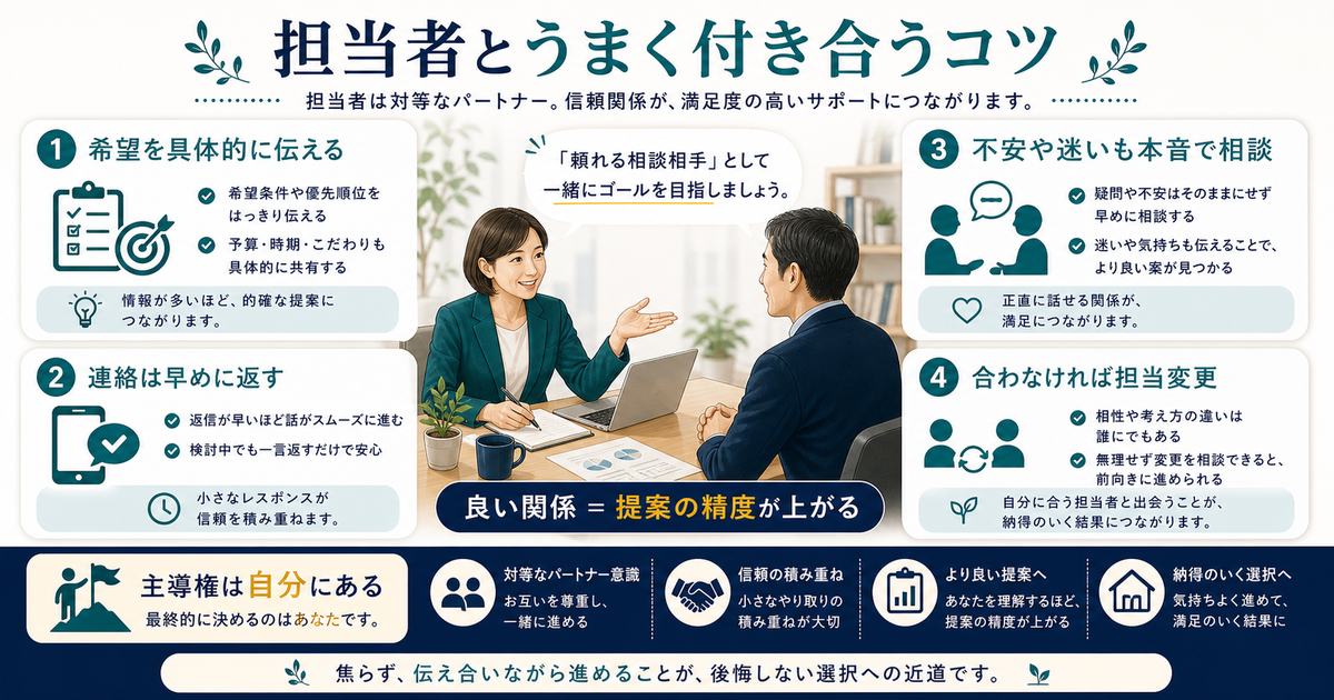 担当者に希望を具体的に伝え早めに連絡し本音で相談し合わなければ担当変更するコツの図解