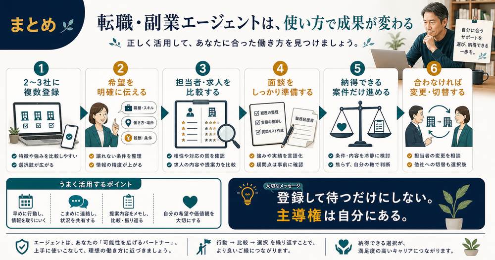 エージェントは複数登録、希望明確化、担当者求人比較、面談準備、納得できる案件だけ進める流れで使うまとめ図解