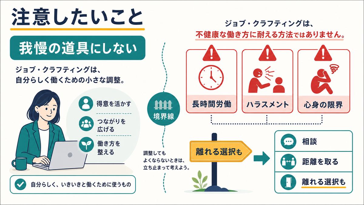 ジョブクラフティングを不健全な働き方への我慢の道具にしない注意点の図解