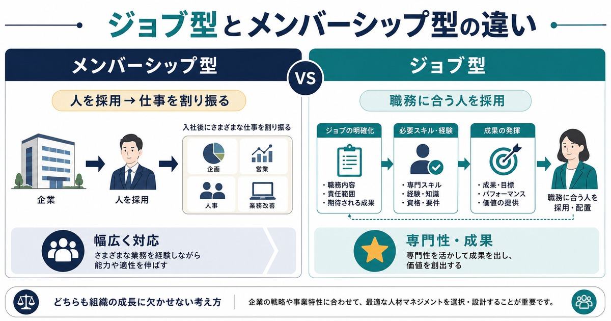 メンバーシップ型は人を採用して仕事を割り振りジョブ型は職務に合う人を採用する違いの図解