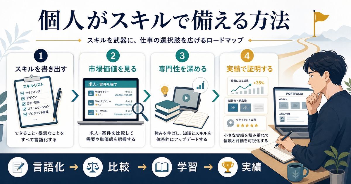 スキルを書き出し市場価値を見て専門性を深め実績で証明するジョブ型雇用への備え方の図解