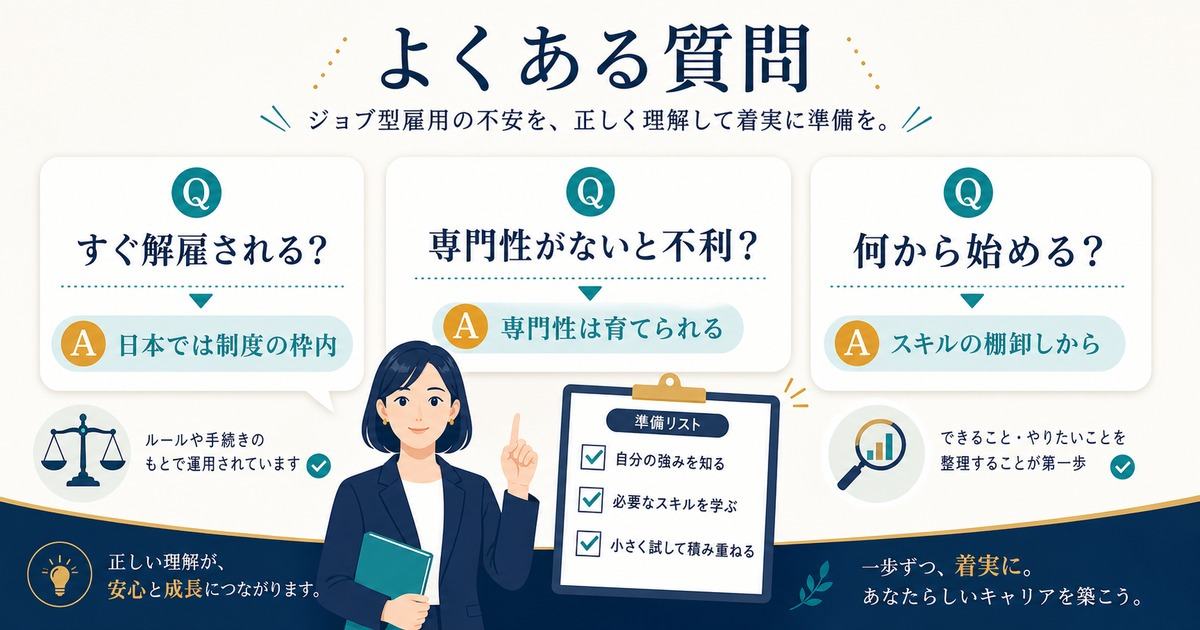 ジョブ型雇用でよくある解雇不安、専門性不足、何から始めるかをFAQで整理した図解
