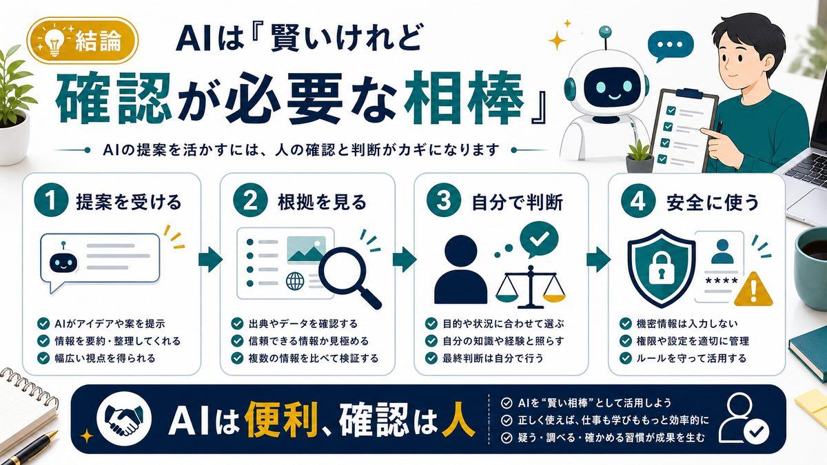 AIは賢いけれど確認が必要な相棒であることを整理した図解