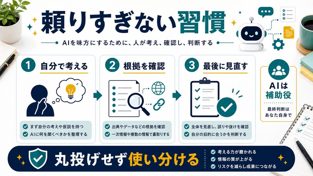 AIに頼りすぎないための3つの習慣を整理した図解