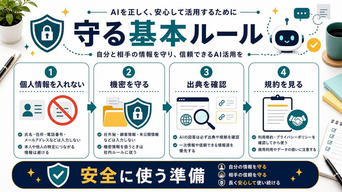 AIを安全に使うための基本ルールを整理した図解