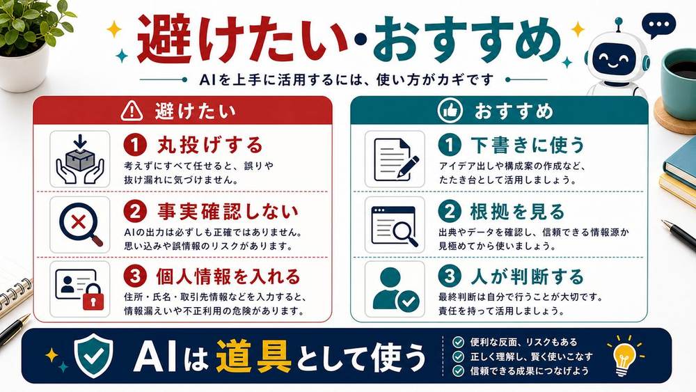 AIとの避けたい付き合い方とおすすめの付き合い方を整理した図解