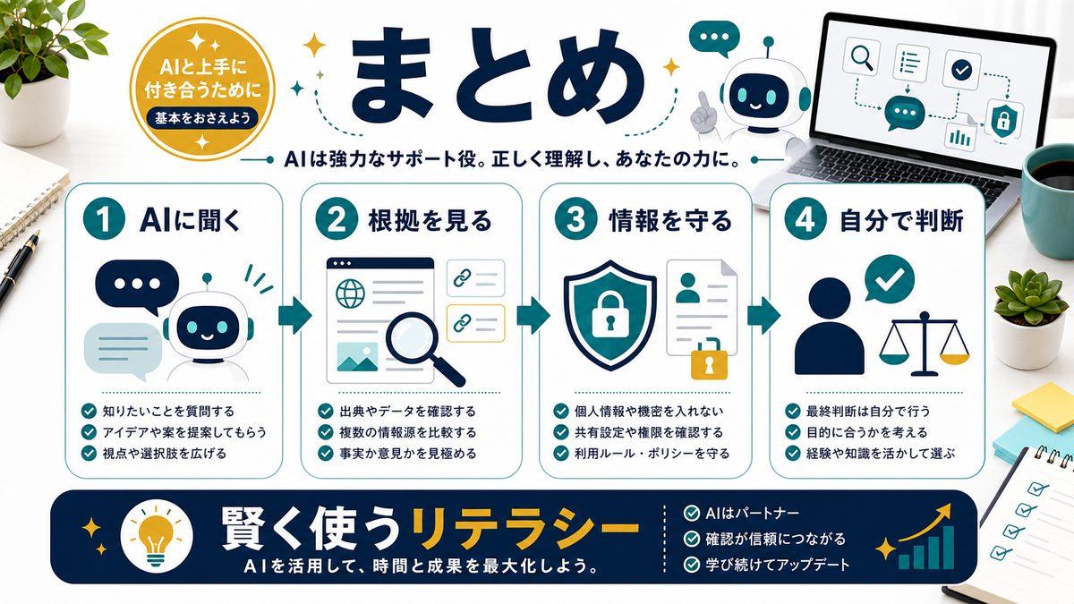 AIとの付き合い方とAIリテラシーのまとめを整理した図解