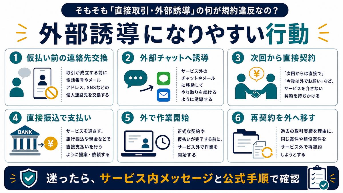 仮払い前の連絡先交換外部チャット誘導直接契約直接振込など外部誘導になりやすい行動の図