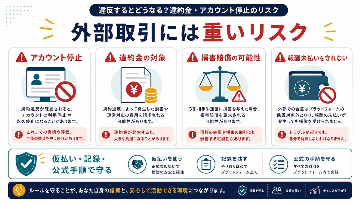 外部取引によるアカウント停止違約金損害賠償報酬未払いリスクを示す図