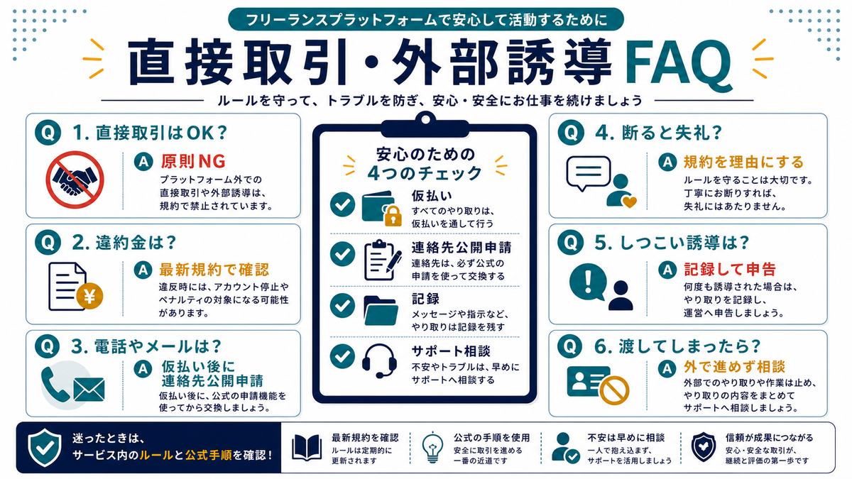 直接取引外部誘導の禁止違約金電話メール断り方申告連絡先を渡した場合のFAQ図