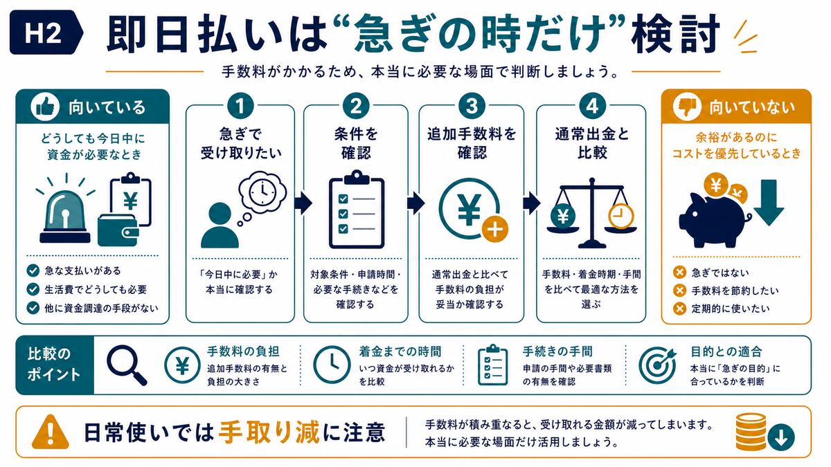 即日払いを急ぎの時だけ検討し通常出金と追加手数料を比較する図解