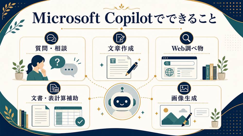 Microsoft Copilotで質問相談、文章作成、Web調べ物、文書表計算補助、画像生成ができることをまとめた図解