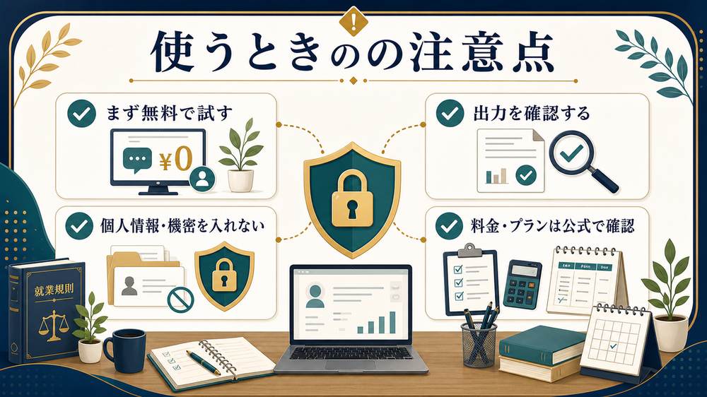 Microsoft Copilotを使う前に無料で試す、出力確認、個人情報や機密を入れない、料金プランを公式確認する注意点の図解