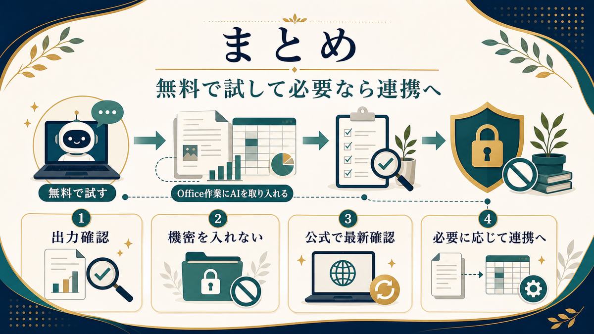 Microsoft Copilotを無料で試し必要ならOffice連携へ進み、出力確認、機密保護、公式確認を守るまとめ図解