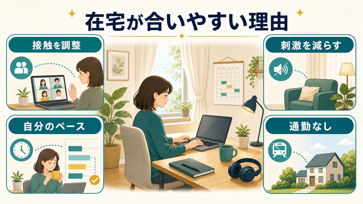 在宅ワークが繊細な人に合いやすい理由を接触調整、刺激を減らす、自分のペース、通勤なしで整理した図解