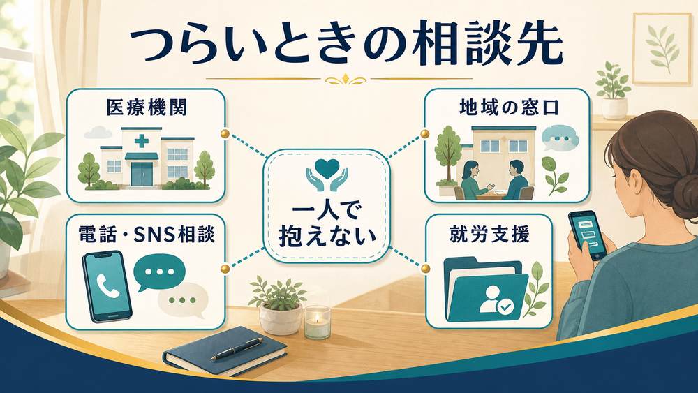 つらいときに一人で抱えず医療機関、地域の窓口、電話やSNS相談、就労支援につながる相談先の図解