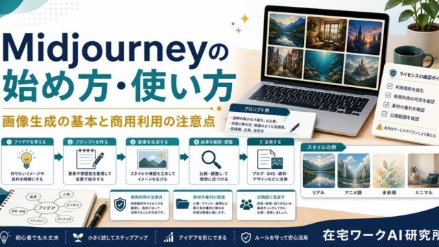 Midjourneyの画像生成の基本と商用利用の注意点を整理したアイキャッチ画像