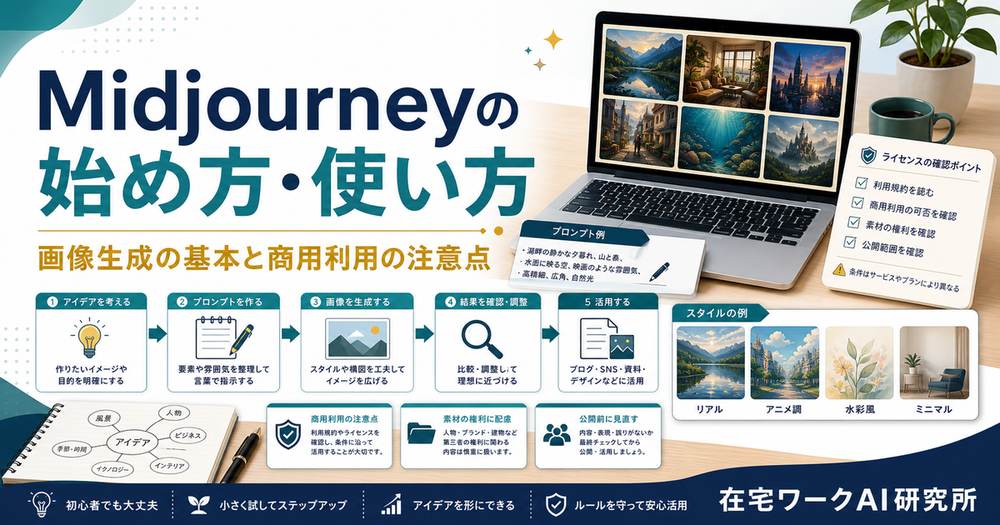 Midjourneyの画像生成の基本と商用利用の注意点を整理したアイキャッチ画像