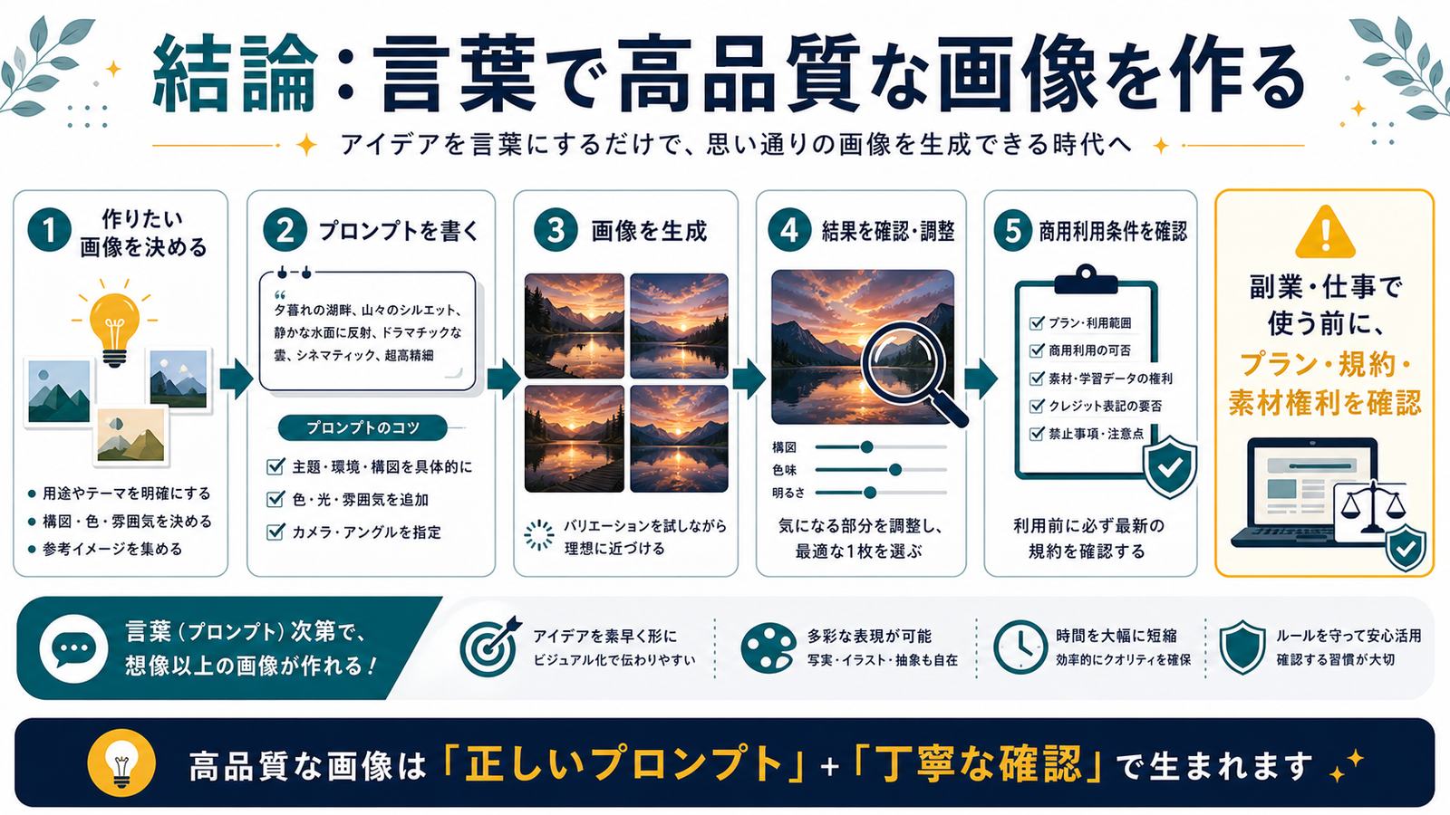 作りたい画像を決めプロンプトを書き画像生成して結果確認と商用利用条件確認をする図