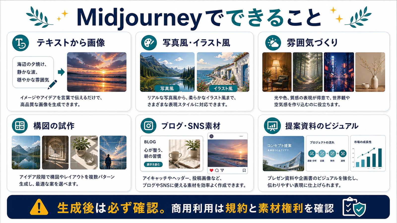 Midjourneyでテキストから画像写真風イラスト風雰囲気づくり構図試作ブログSNS資料素材ができる図
