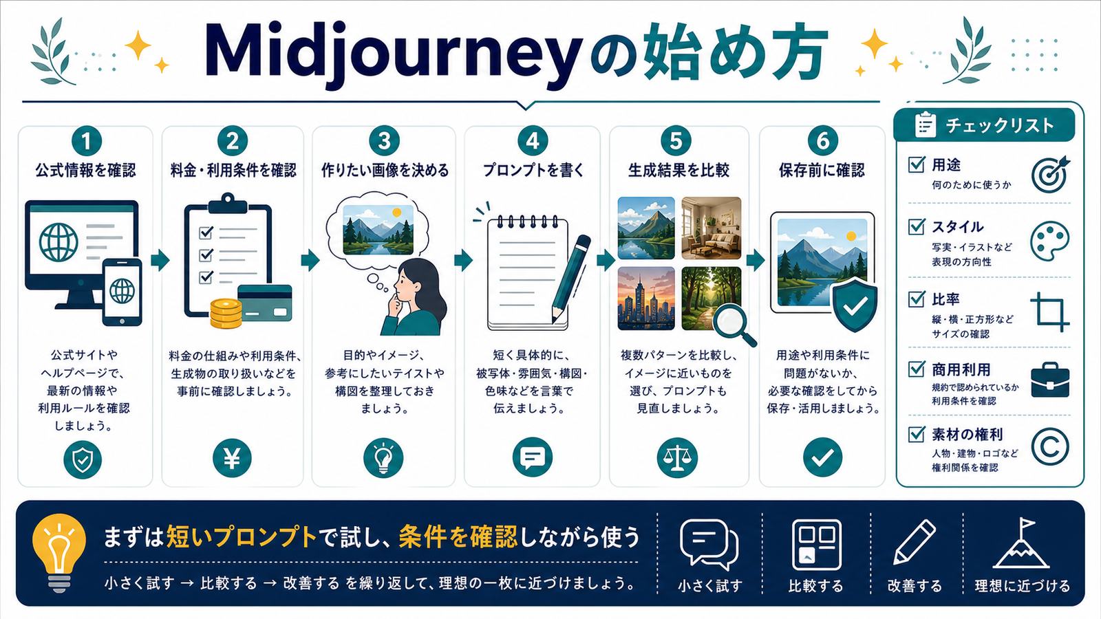 Midjourneyの公式情報料金利用条件画像目的プロンプト生成比較保存前確認までの始め方図