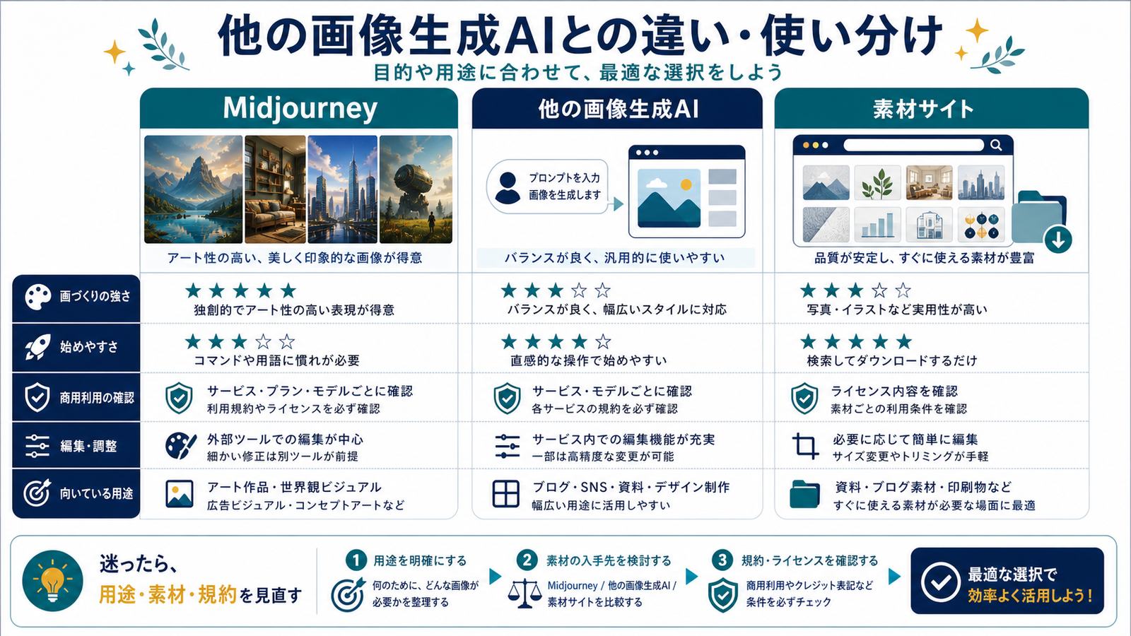 Midjourney他の画像生成AI素材サイトを画づくり始めやすさ商用確認編集用途で比較する図