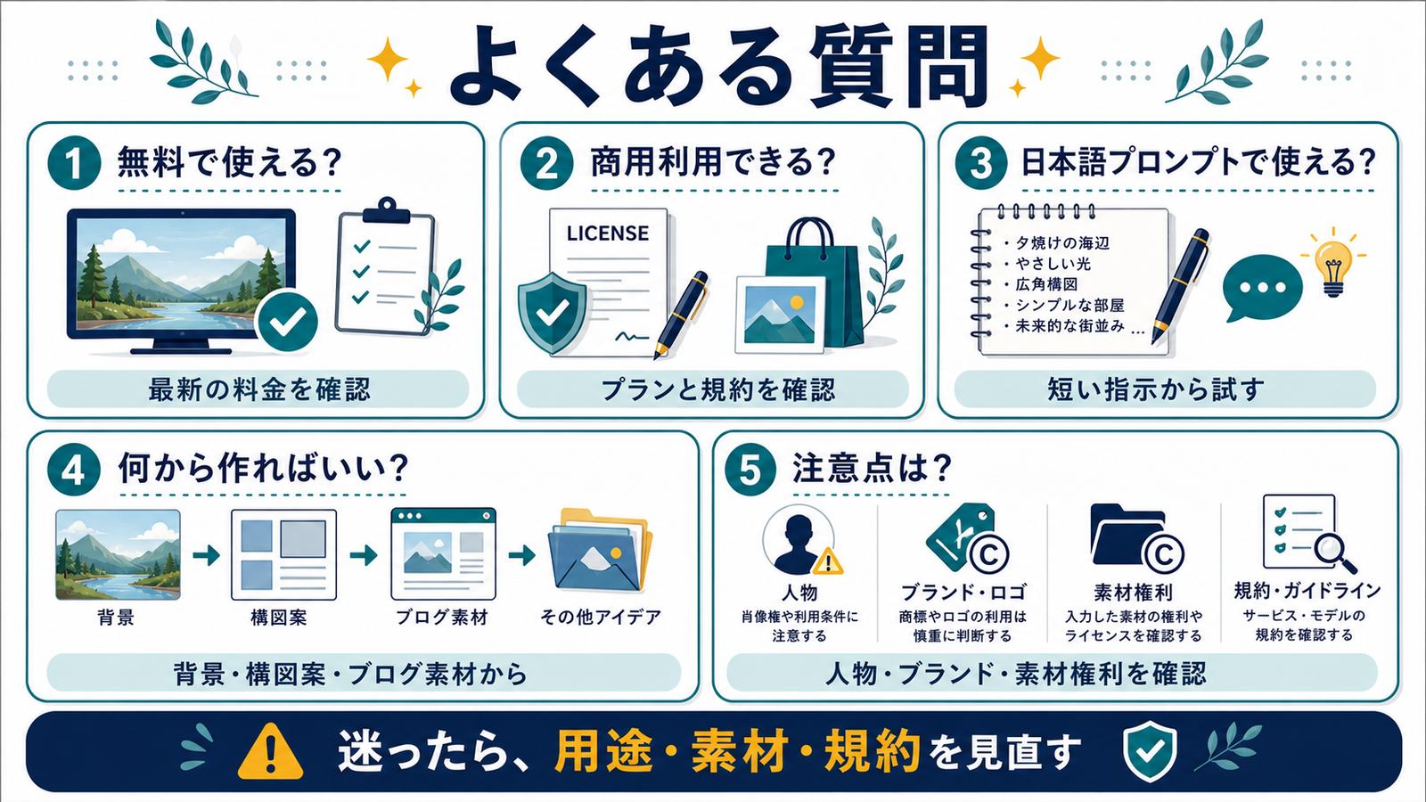 Midjourneyの料金商用利用日本語プロンプト作るもの人物ブランド素材権利を整理するFAQ図