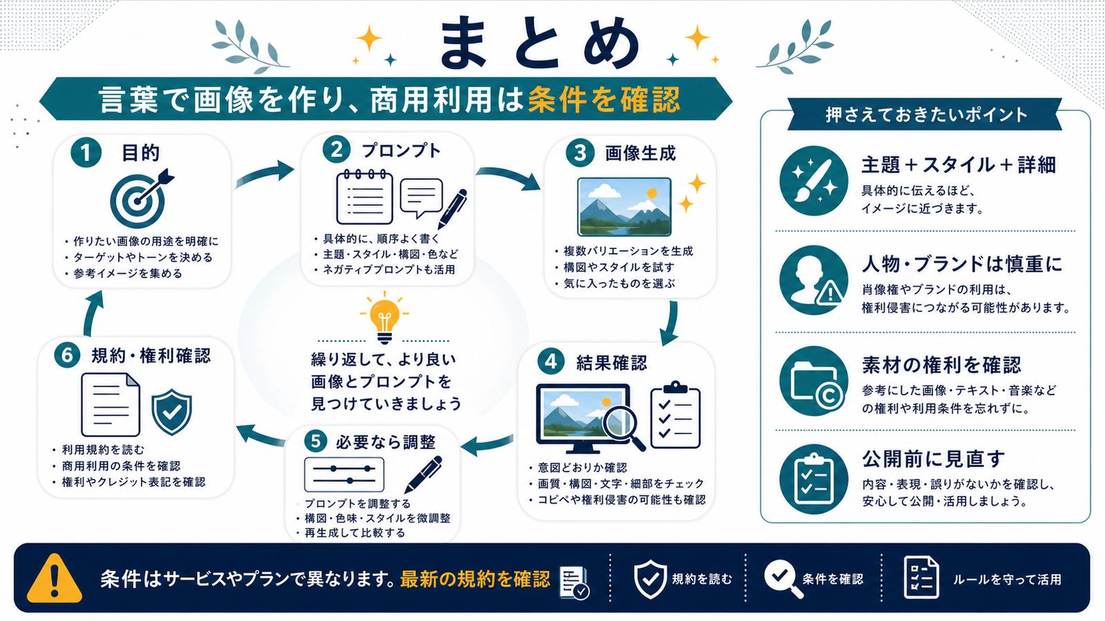 目的プロンプト画像生成結果確認調整規約権利確認までのMidjourneyまとめ図