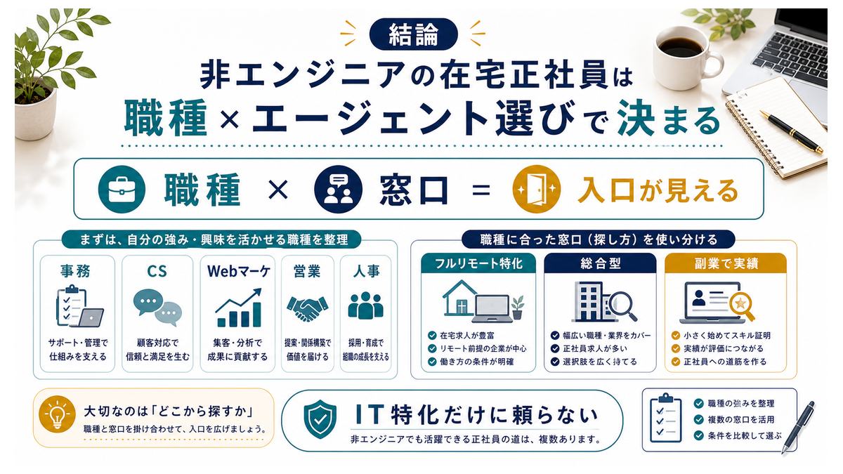 非エンジニアの在宅正社員は職種と窓口選びで入口が変わることを示す図解