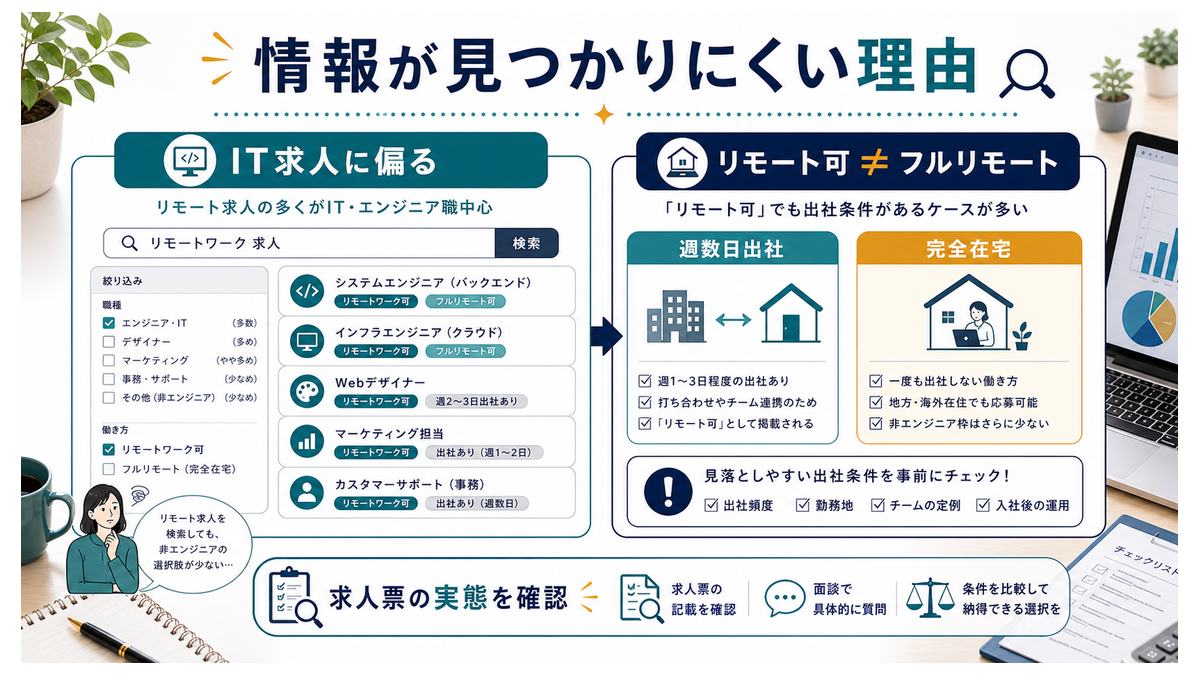 非エンジニアのフルリモート情報がIT求人に埋もれやすい理由の図解