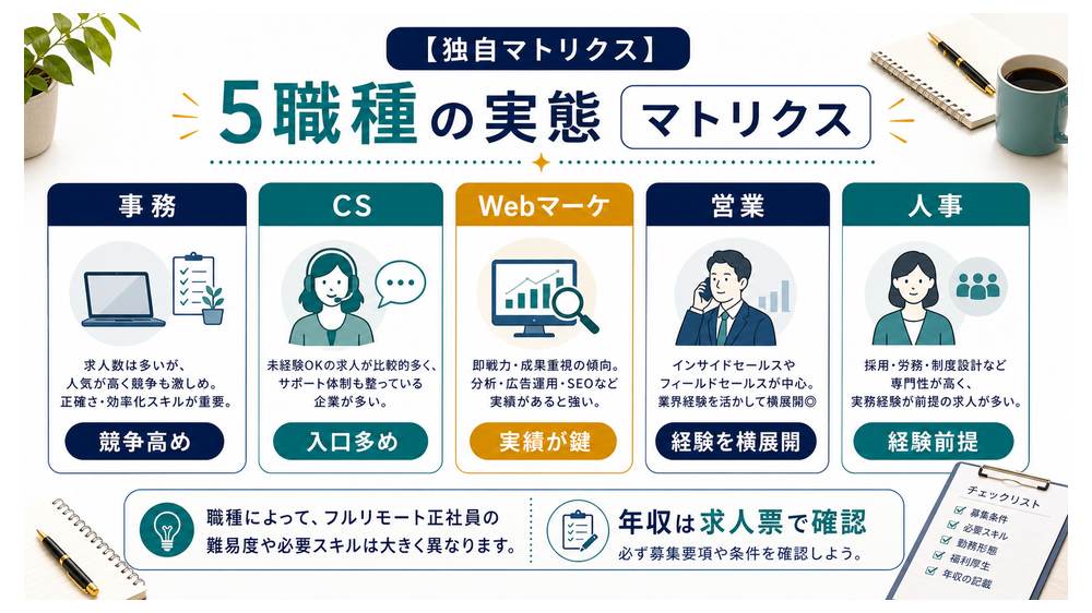 事務、カスタマーサポート、Webマーケ、営業、人事のフルリモート正社員実態マトリクス図解